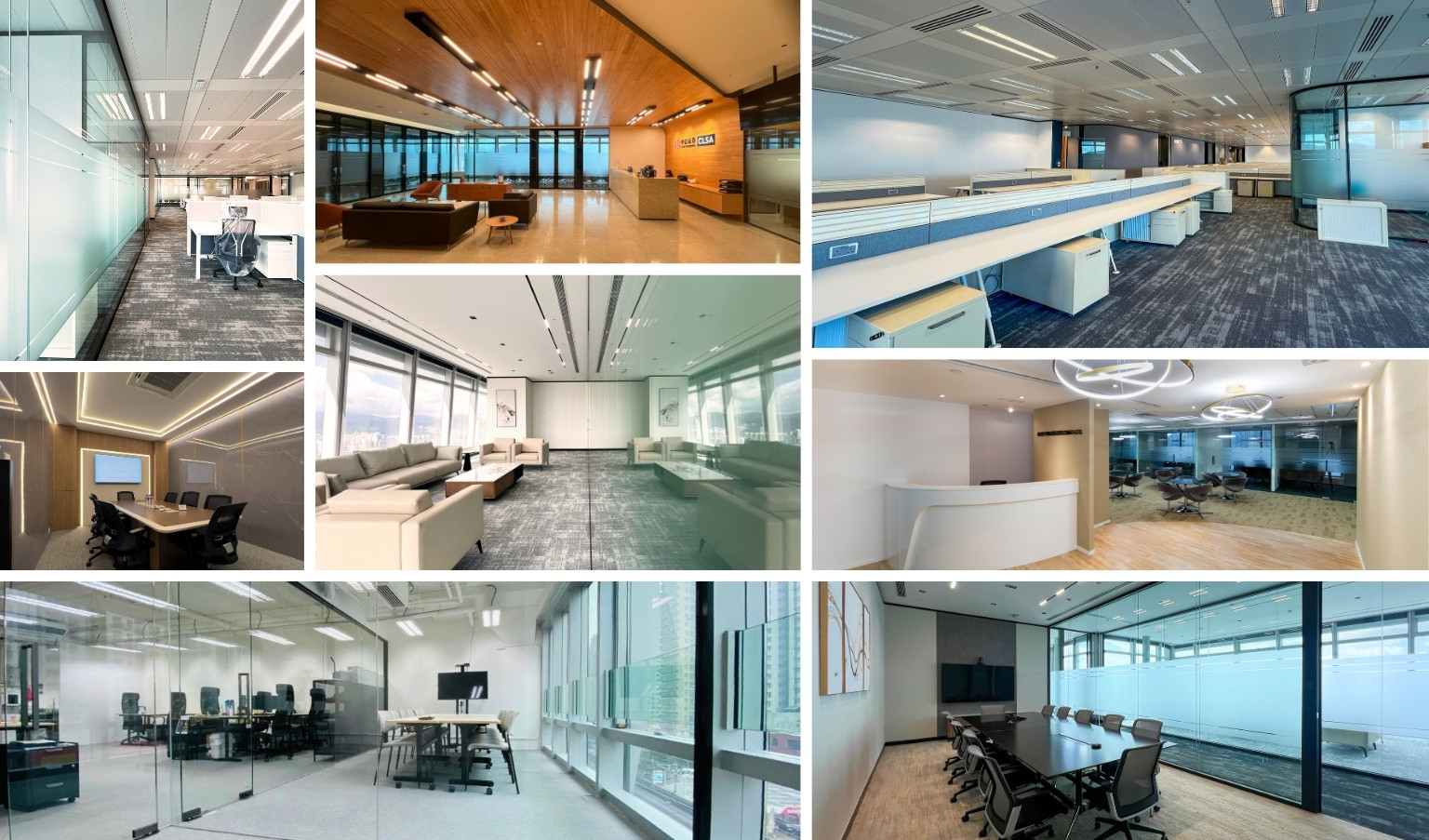 香港辦公室裝修與寫字樓裝修設計案例，涵蓋會議室、開放式辦公室、接待區及金融機構空間